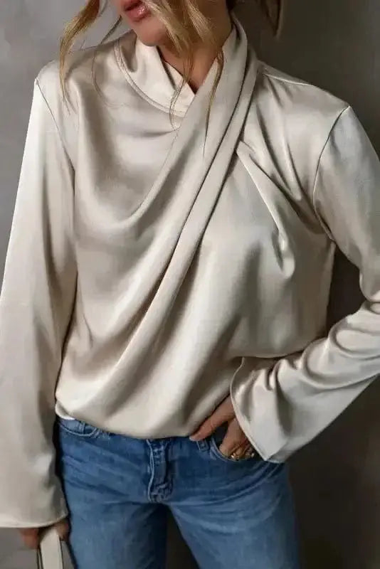 Close-up of Satin Crossover Front Elegant Blouse showing silky satin fabric texture and crossover wrap neckline — Fashionfitz