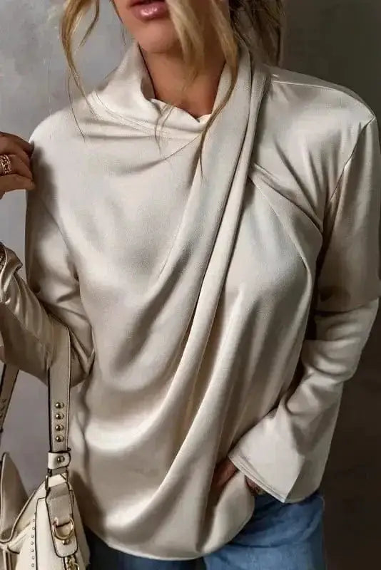 Side view of Satin Crossover Elegant Blouse showing light-catching satin drape and ruffled detail — Fashionfitz
