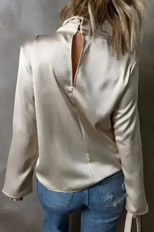 Back view of Satin Crossover Front Elegant Blouse showing open back slit detail and long sleeve silhouette — Fashionfitz