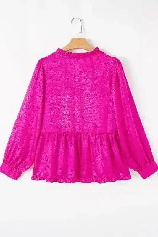 Close-up of Pink Metallic Velvet Babydoll Blouse showing rose red metallic velvet shimmer and frilled detail — Fashionfitz