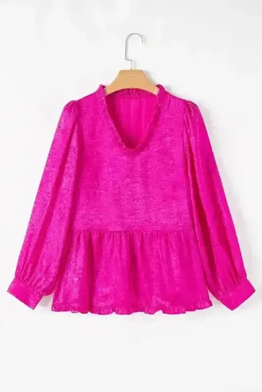 Side view of Pink Metallic Velvet Babydoll Puff Sleeve Blouse showing metallic shimmer and frilled V-neckline — Fashionfitz