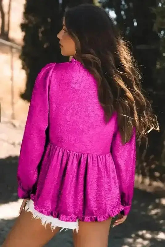 Back view of Pink Metallic Velvet Babydoll Blouse showing long puff sleeve and flowing babydoll silhouette — Fashionfitz
