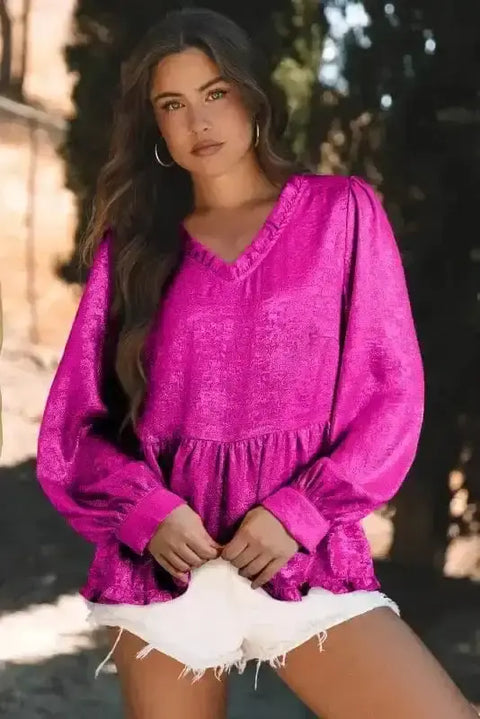 Pink metallic velvet babydoll puff sleeve blouse front view — Fashionfitz UK