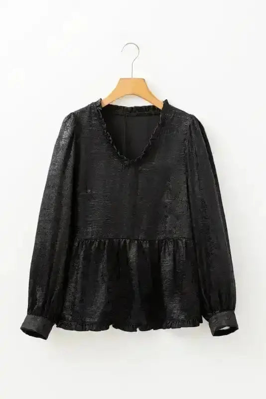 Close-up of Metallic Velvet Babydoll Puff Sleeve Blouse showing shimmering metallic velvet surface and puff sleeve gathering — Fashionfitz