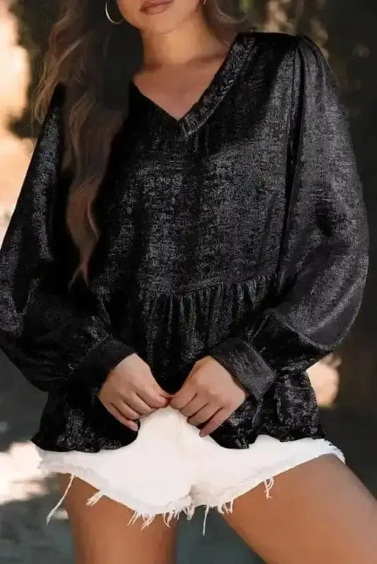 Side view of Metallic Velvet Babydoll Blouse showing metallic shimmer effect and frilled V-neckline — Fashionfitz