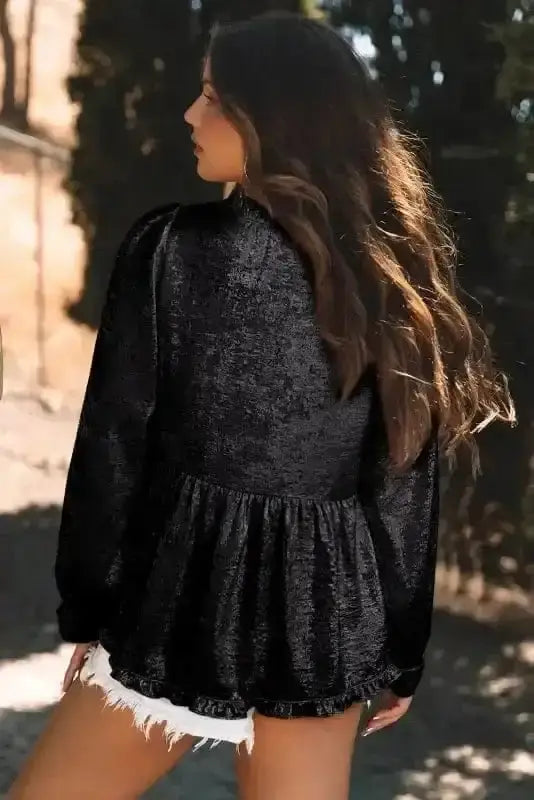 Back view of Metallic Velvet Babydoll Puff Sleeve Blouse showing flowing babydoll silhouette and long puff sleeve — Fashionfitz