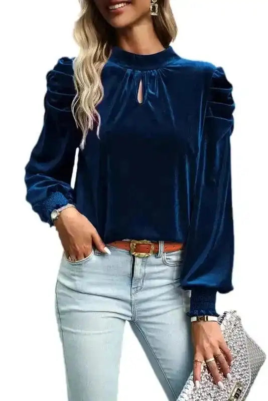 Blouses Mock Velvet Blouse - Puff Sleeve
