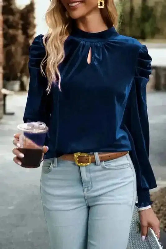 Blouses Mock Velvet Blouse - Puff Sleeve