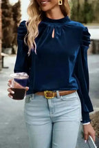 Blouses Mock Velvet Blouse - Puff Sleeve