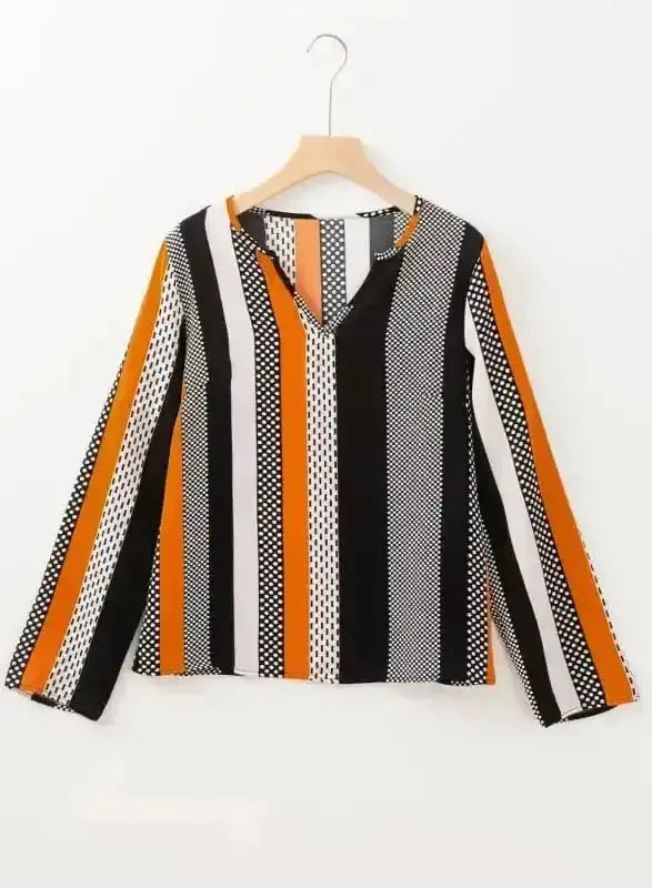 Orange Geometric Colour Block Notch V-Neck Blouse Women UK styled as a modern bold spring outfit — Fashionfitz