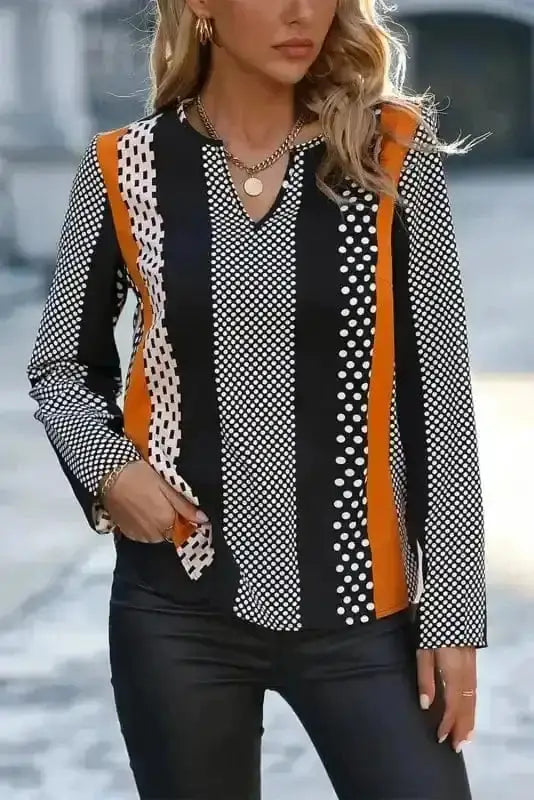 Side view of Geometric Colour Block Notch V-Neck Blouse showing shirred bodice and architectural geometric construction — Fashionfitz