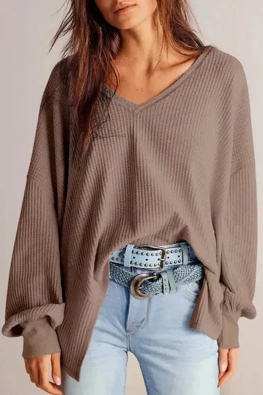 Blouses Modern Slouch Waffle Knit Blouse - Coffee