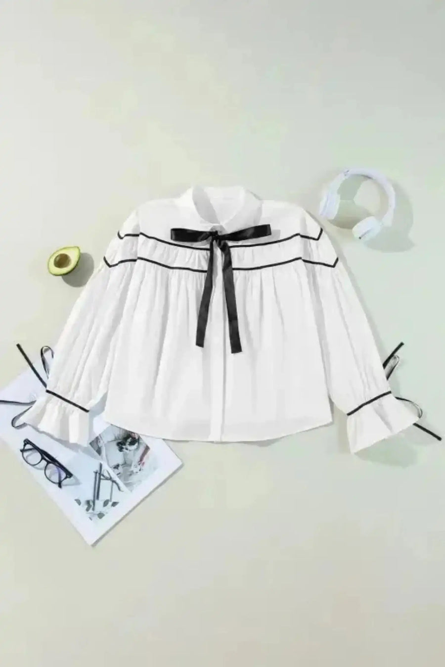Monochrome Striped Bowtie Cotton Ruffle Blouse Women UK styled as a sophisticated smart-casual occasion outfit — Fashionfitz