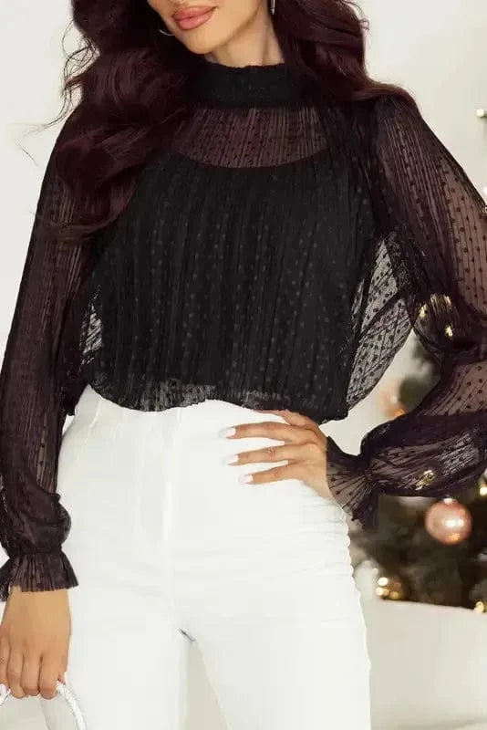 Blouses Noir Dot Lace Illusion Blouse