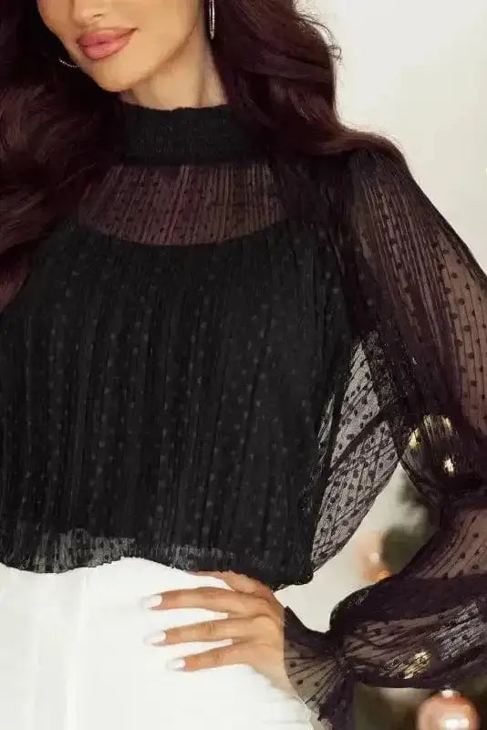 Black Polka Dot Lace Illusion Blouse Women UK styled as an elegant evening smart-casual outfit — Fashionfitz