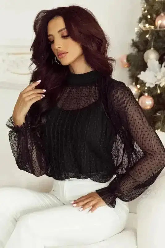 Side view of Black Polka Dot Lace Illusion Blouse showing lace illusion detail and relaxed fit — Fashionfitz