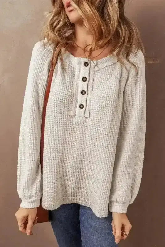 Waffle Knit Loose Fit Weekend Casual Top Women UK in oatmeal — front view showing waffle knit texture and button placket — Fashionfitz