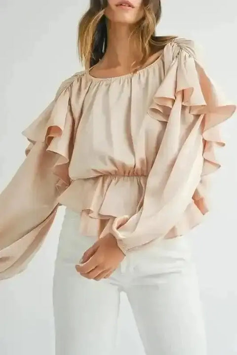 Oatmeal elegant ruffled peplum keyhole back blouse front view — Fashionfitz UK