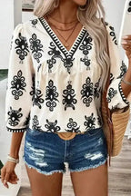 Blouses Off White / S / 100%Polyester Geometric Glamour Quarter-Sleeve Top