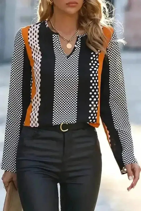 Orange geometric colourblock notch V-neck modern blouse front view — Fashionfitz UK