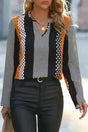 Geometric Colour Block Notch V-Neck Blouse Women UK in orange — front view showing bold geometric colour block and notch V-neckline — Fashionfitz