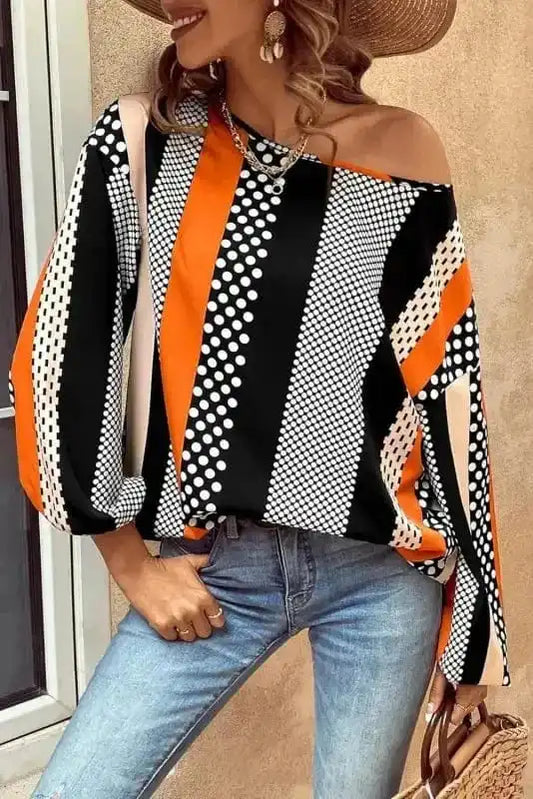 Blouses Orange / S / 100%Polyester Polka Dot Blouse - Black & Orange