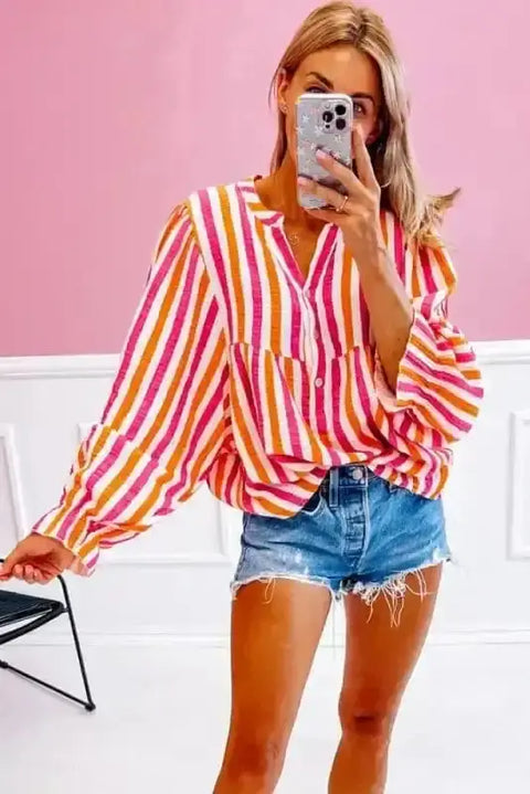 Orange striped balloon sleeve textured summer blouse front view — Fashionfitz UK