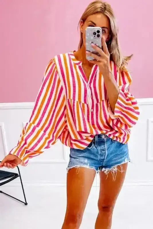 Orange striped balloon sleeve textured summer blouse front view — Fashionfitz UK