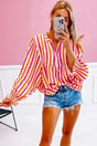 Striped Balloon Sleeve Textured Blouse Women UK — front view showing vibrant orange stripe pattern and dramatic balloon sleeves — Fashionfitz