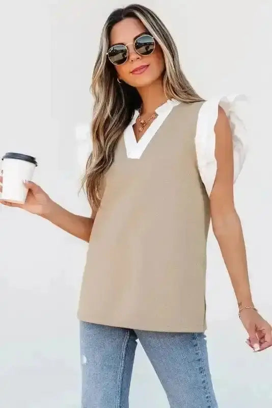 Ruffled Textured Knit Colour Block V-Neck Top Women UK in pale khaki — front view showing ruffled knit texture and colour block — Fashionfitz