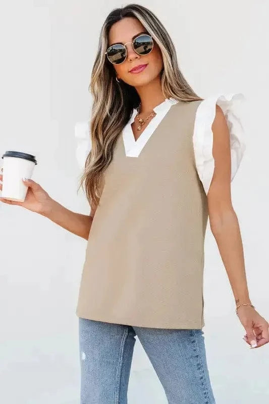 Blouses Pale Khaki / S / 65%Polyester+30%Cotton+5%Elastane Urban Vibe Knit Top - Ruffled Textured