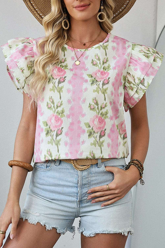 Blouses Pink / S / 100%Cotton Floral Ruffled Sleeve Summer Top