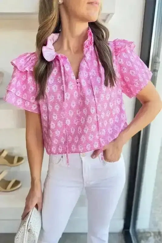 Pink vintage floral retro ruffle sleeve V-neck blouse front view — Fashionfitz UK