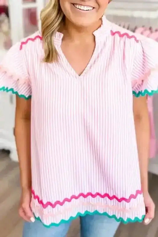 Blouses Pink Stripe / S / 100%Cotton Sky Blue Stripe Ruffled Sleeve Blouse