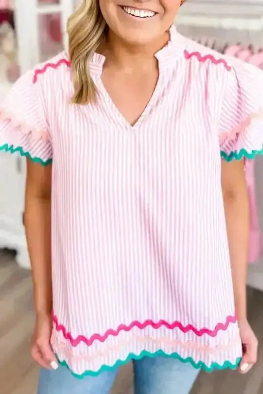 Blouses Pink Stripe / S / 100%Cotton Sky Blue Stripe Ruffled Sleeve Blouse