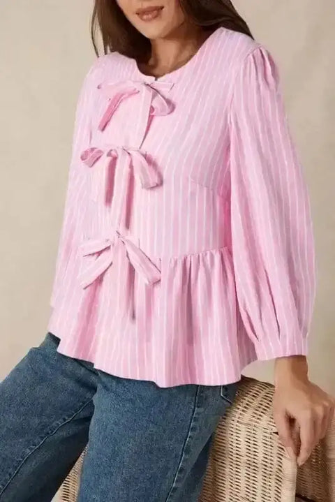 Pink striped puff sleeve ruffle spring blouse front view — Fashionfitz UK