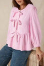 Pink Striped Puff Sleeve Ruffle Blouse Women UK — front view showing soft pink stripe, bowknot detail and puff sleeves — Fashionfitz