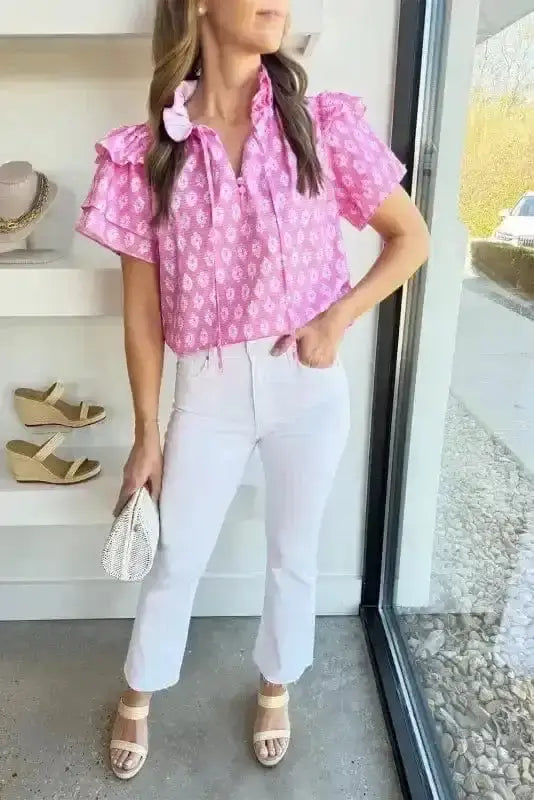 Side view of Pink Vintage Floral Blouse showing neck-tie accent and V-notch neckline detail — Fashionfitz