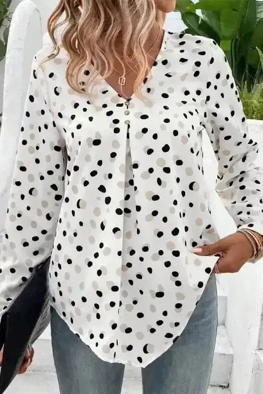 Close-up of Polka Dot V-Neck Blouse showing classic white polka dot print and V-neckline detail — Fashionfitz