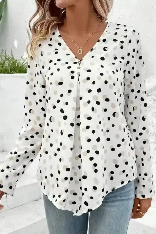 Side view of Polka Dot V-Neck Casual Blouse showing shirred bodice detail and lightweight drape — Fashionfitz