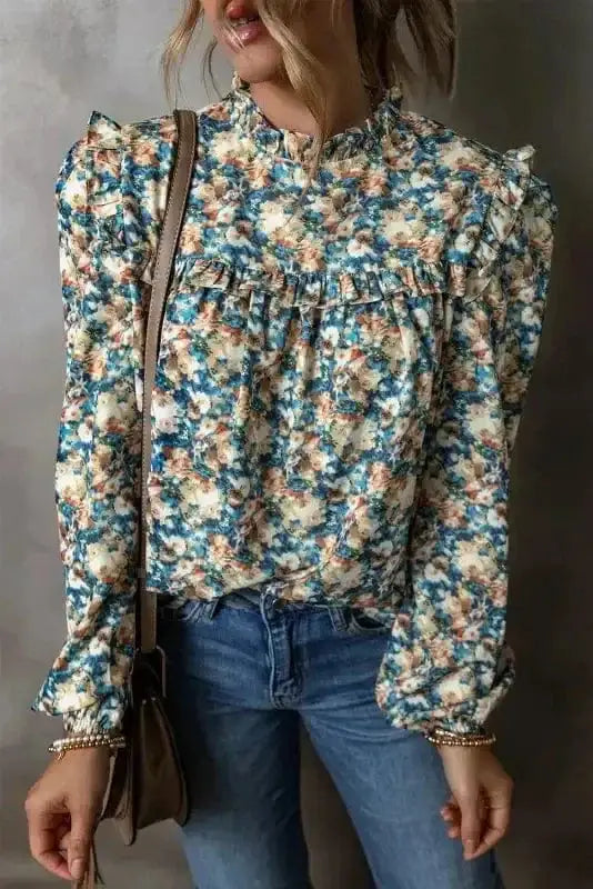 Sky blue Floral Petal Print Puff Sleeve Blouse Women UK styled as a feminine spring occasion outfit — Fashionfitz