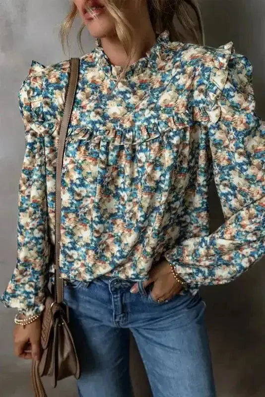 Close-up of Floral Petal Print Puff Sleeve Blouse showing vibrant petal print and frilled neckline detail — Fashionfitz