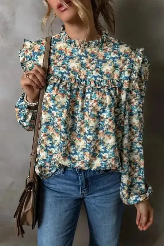 Side view of Floral Petal Print Puff Sleeve Blouse showing puff sleeve structure and shirred bodice — Fashionfitz