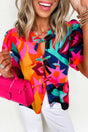 Red Abstract Floral Puff Sleeve Peplum Blouse Women UK — front view showing vibrant red abstract floral and puplum silhouette — Fashionfitz