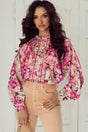 Pink Floral Ruffle Accent Flowy Blouse Women UK — front view showing vibrant pink floral print and ruffle accents — Fashionfitz