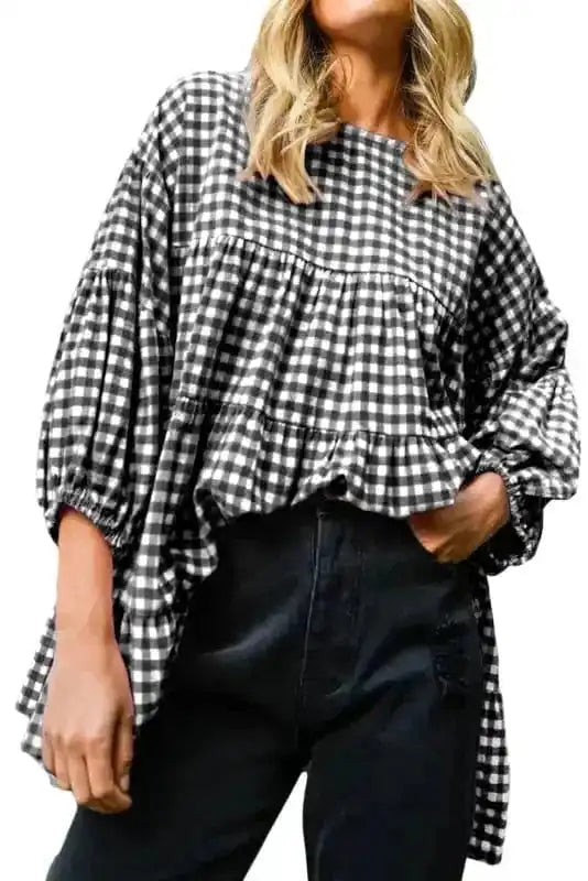 Blouses Retro Checkered Babydoll Blouse