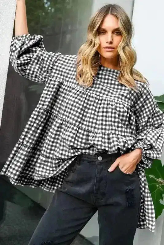 Blouses Retro Checkered Babydoll Blouse
