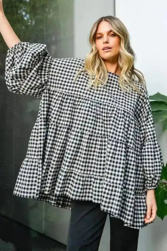Blouses Retro Checkered Babydoll Blouse