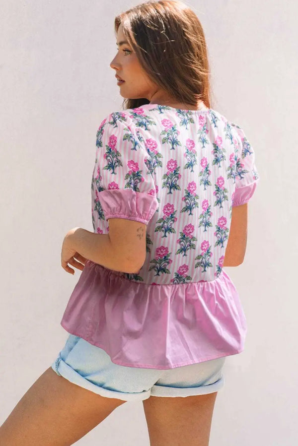 Rose floral patchwork V-neck peplum blouse back view — Fashionfitz UK
