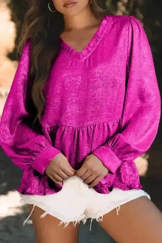 Pink metallic velvet puff sleeve blouse back view — Fashionfitz UK
